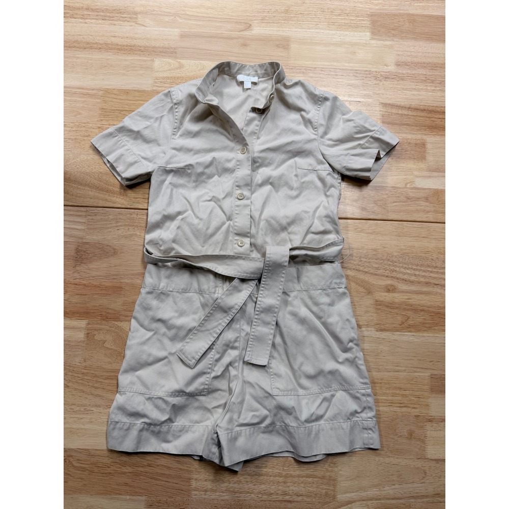 COS Beige Short Sleeve Belted Romper Jumpsuit Button Front Utility Sz 2
